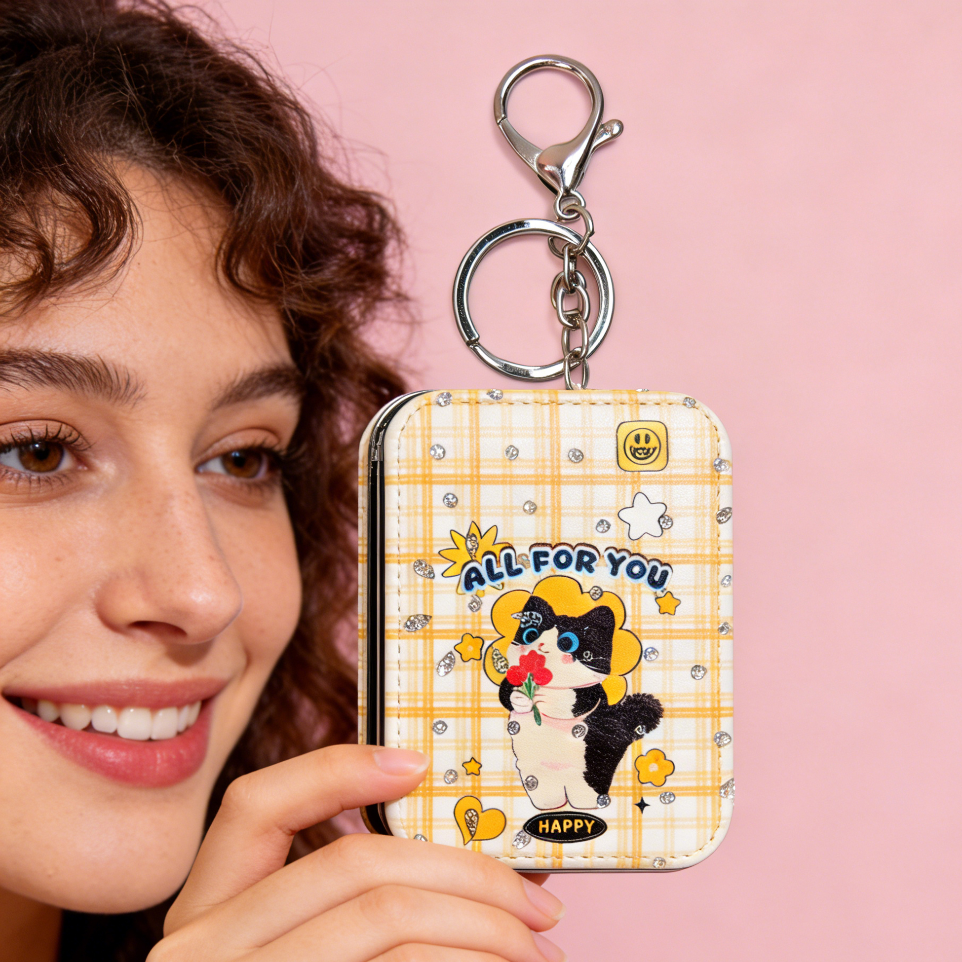 Yellow Plaid Cat Print Compact Mirror