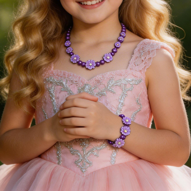 Kids Purple Daisy Flower Beaded Necklace And Bracelet Set
