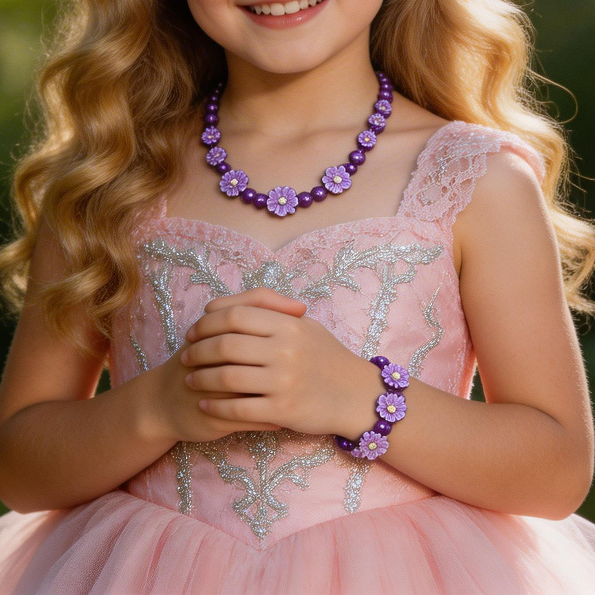 Kids Purple Daisy Flower Beaded Necklace And Bracelet Set