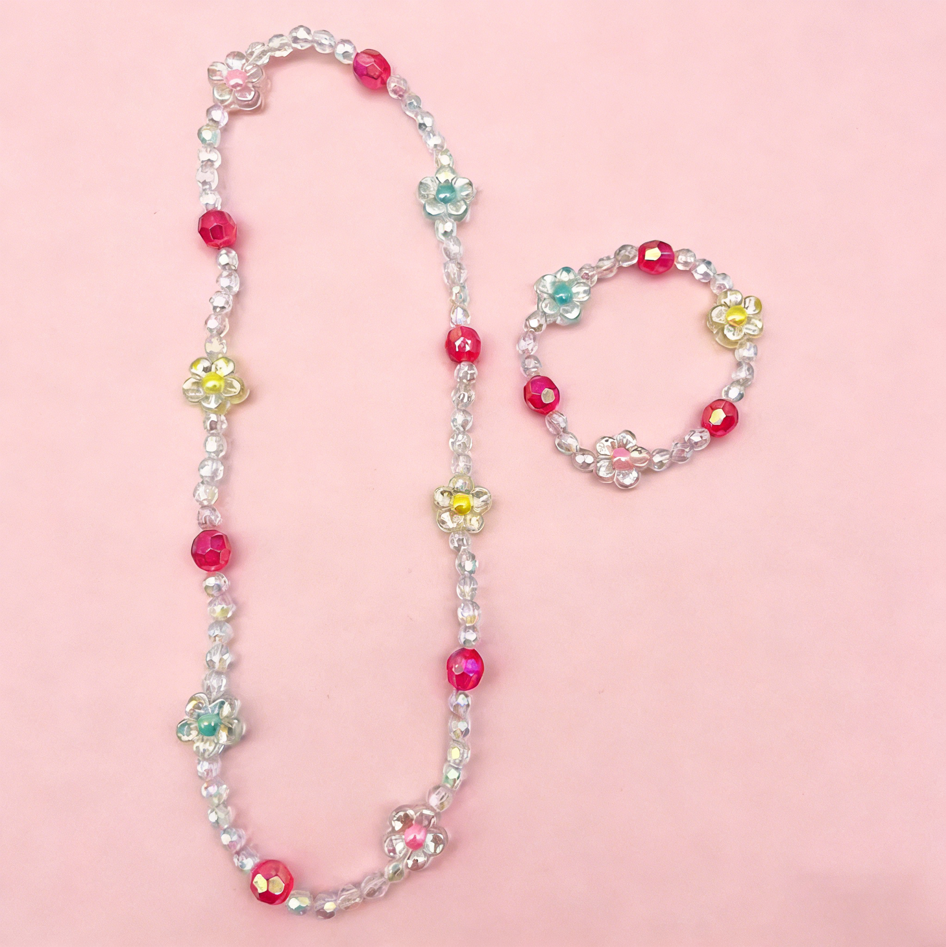 Kids Flower Beaded Necklace And Bracelet Set