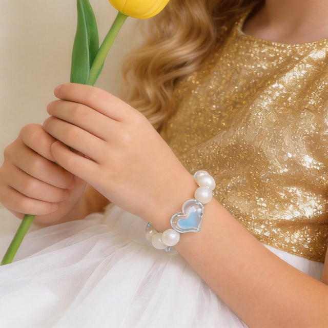 Kids Blue Heart Faux Pearl Beaded Bracelet