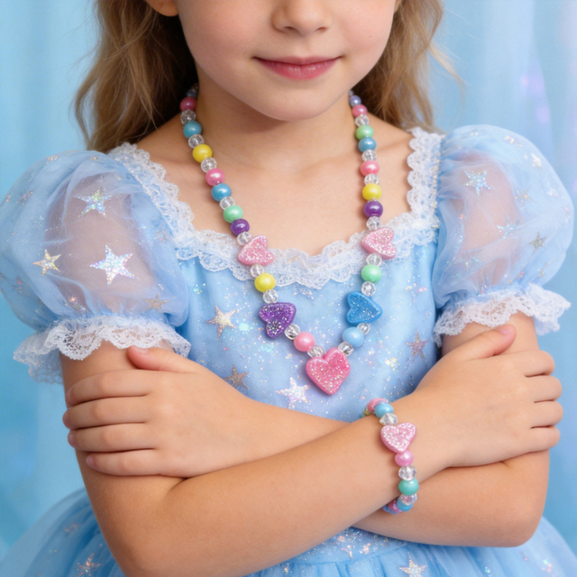 Kids Glitter Heart Beaded Necklace And Bracelet Set