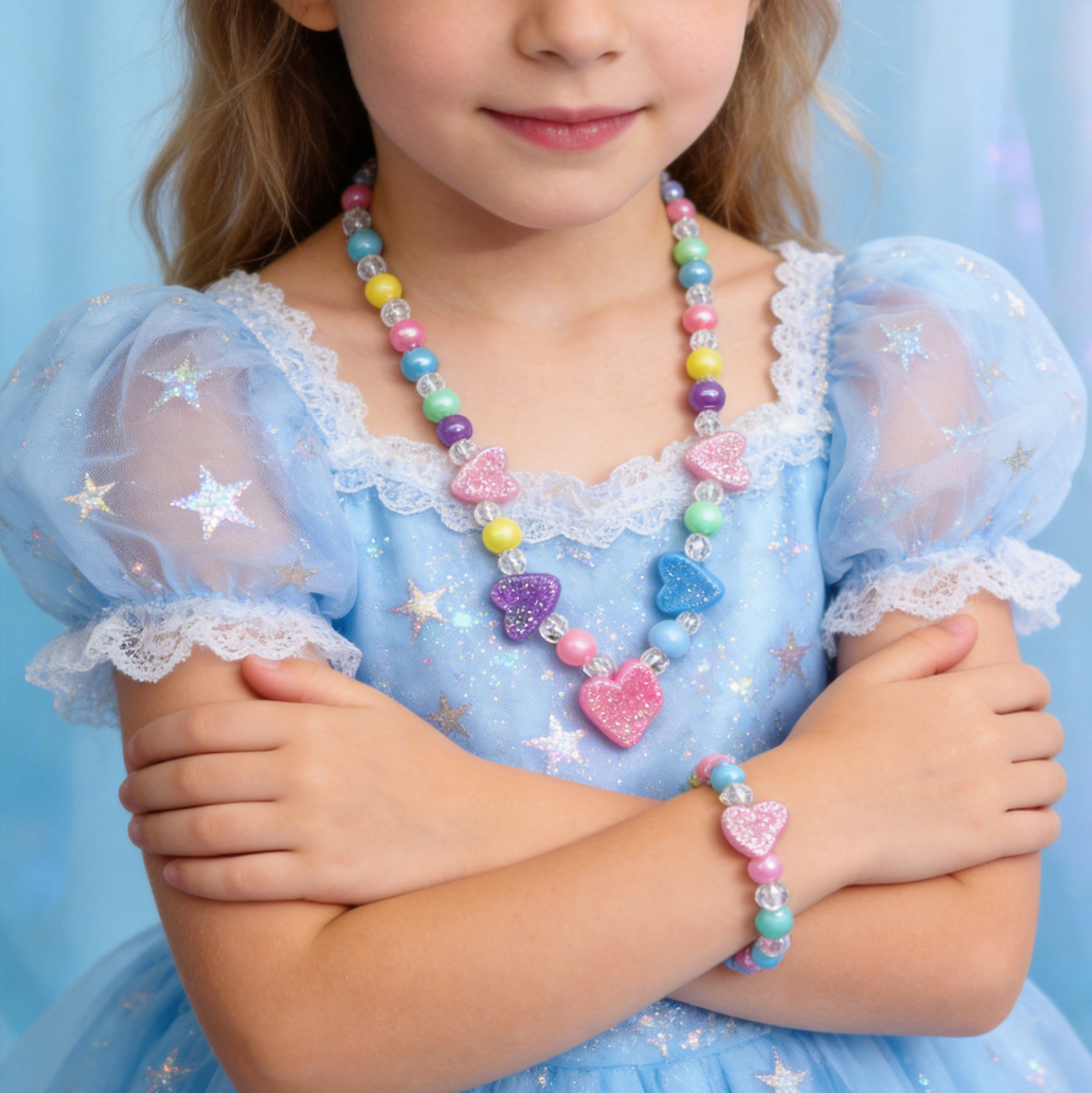 Kids Glitter Heart Beaded Necklace And Bracelet Set