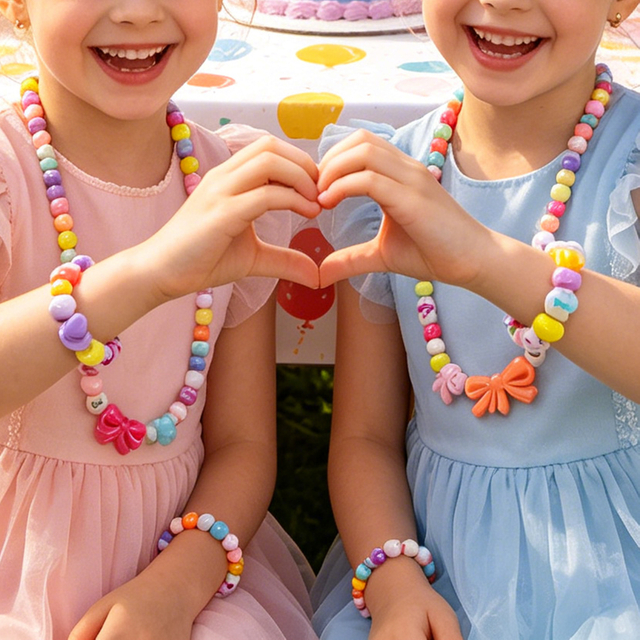 Kids Colorful Bow Beaded Necklace And Bracelet Set