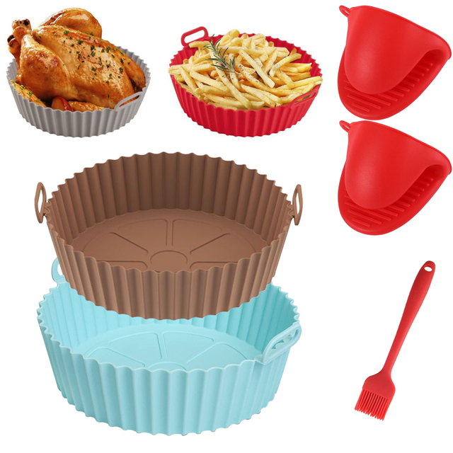 Air Frying Pan Silicone Basket Bowl Reusable Baking Pan Set of 5 Pieces, Pairs Silicone Oven Mitts, Silicone Pastry Brush for Oil Butter