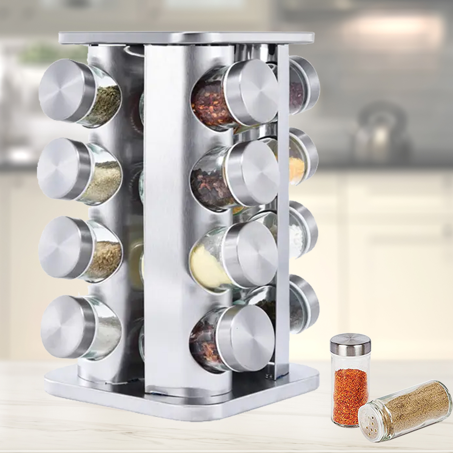 Stainless Steel Rotating Spice Organizer Rack Seasoning Bottle Jar Rack Moisture-proof Large Capacity 90ml Spice Jar With Rounded Square 360 Degrees Rotating Storage Rack Kitchen Gadget