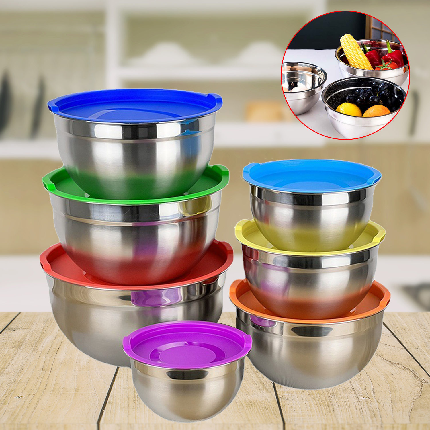 Colorful Stainless Steel Salad Bowl With Lid Kitchen Egg Mixing Bowls 7 Sizes Set For Cooking Baking