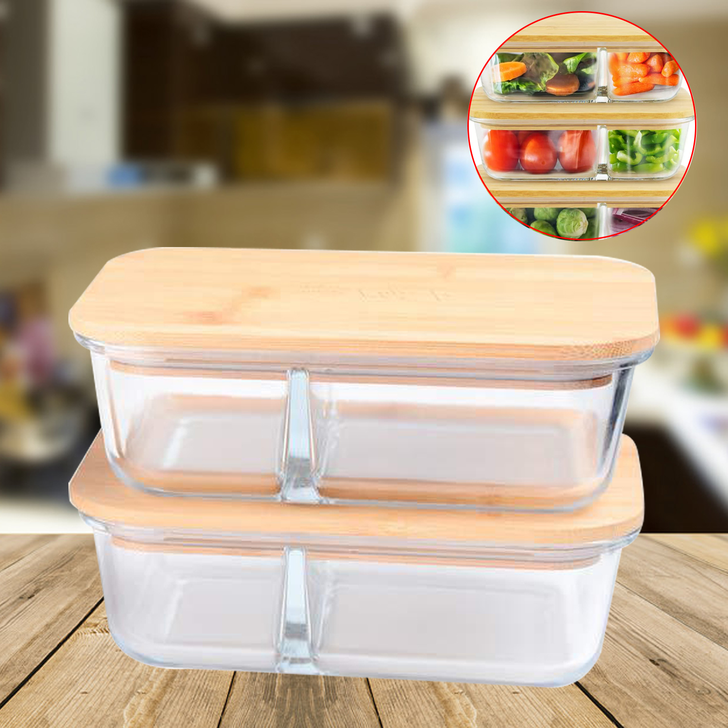 Glass Lunch Box Bamboo Wood Cover Fresh Bowl Storage Box Portable Microwave Students Picnic Bento Food Container