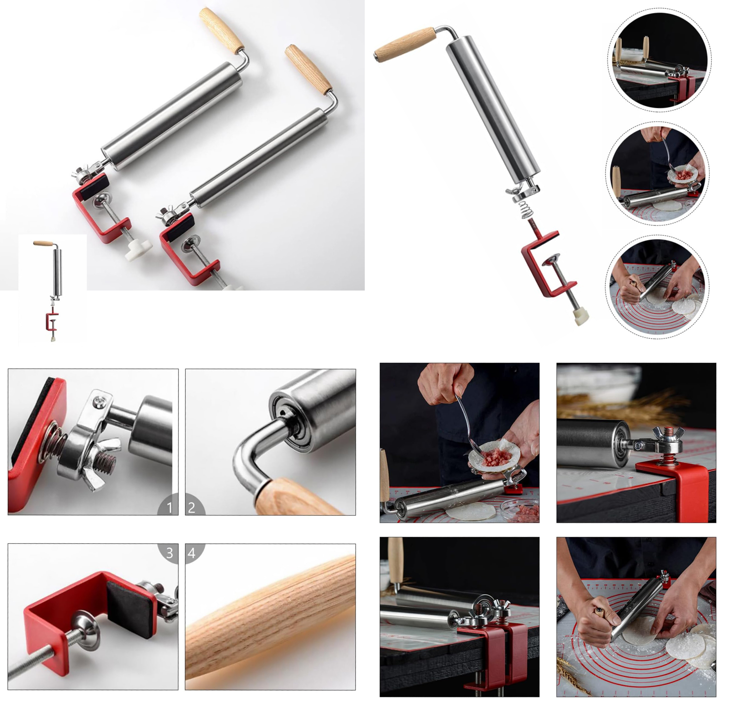 Stainless Steel Tortillas/Pizza/Roti Rolling Pin with Table Clamp