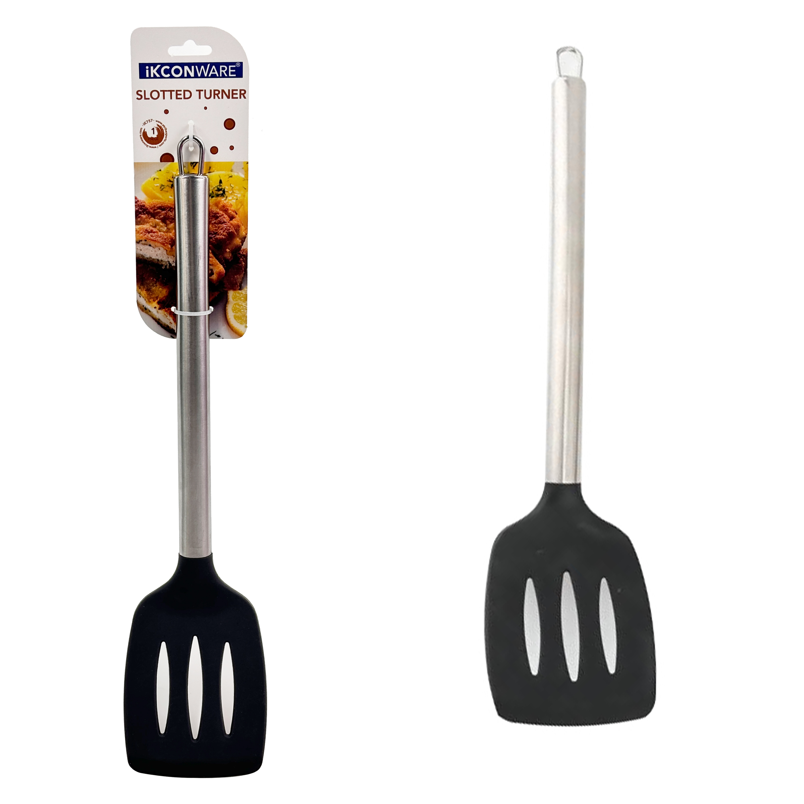 Premium Stainless Steel Handle Black Silicone Slotted Turner