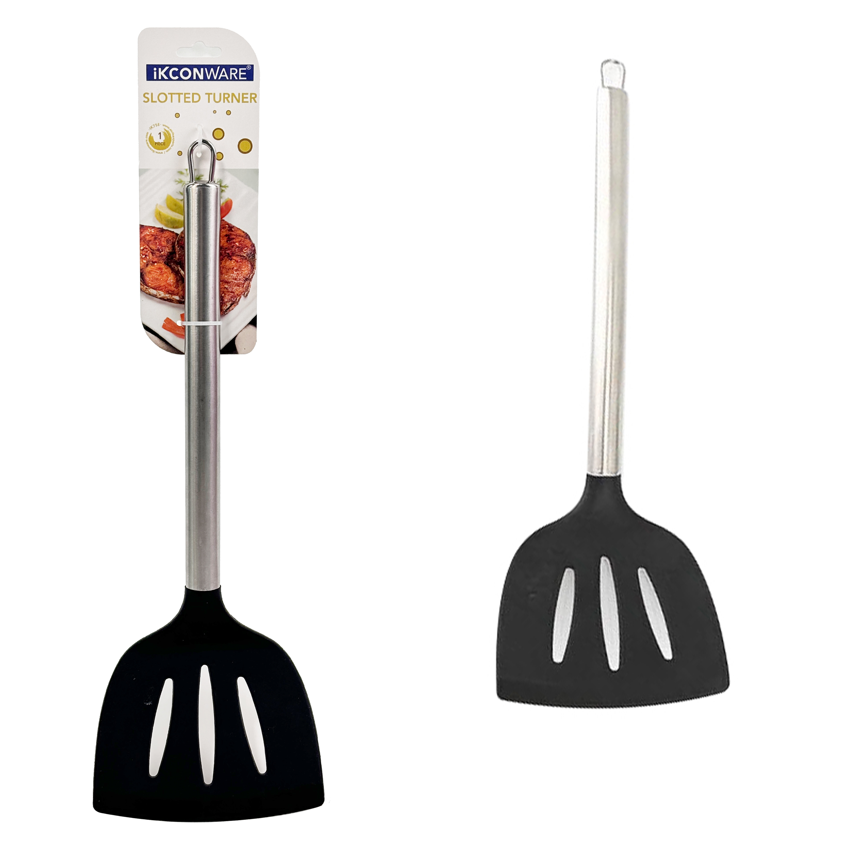 Versatile Black Silicone Slotted Turner with Stainless Steel Handle