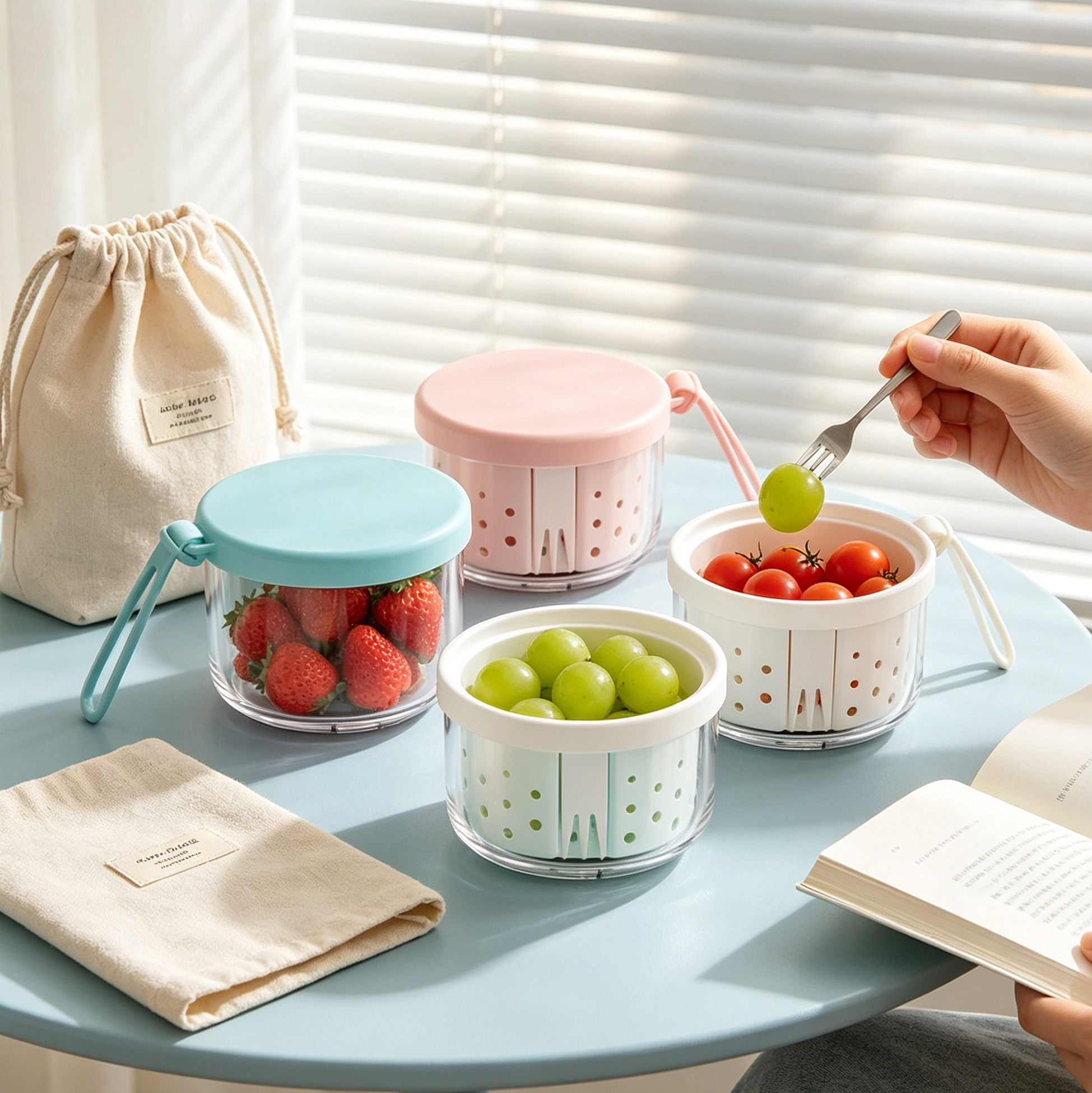 Set of 2 400ml Portable Salad & Fruit Container with Colander & Fork, Leak-Proof BPA-Free Lunch Box