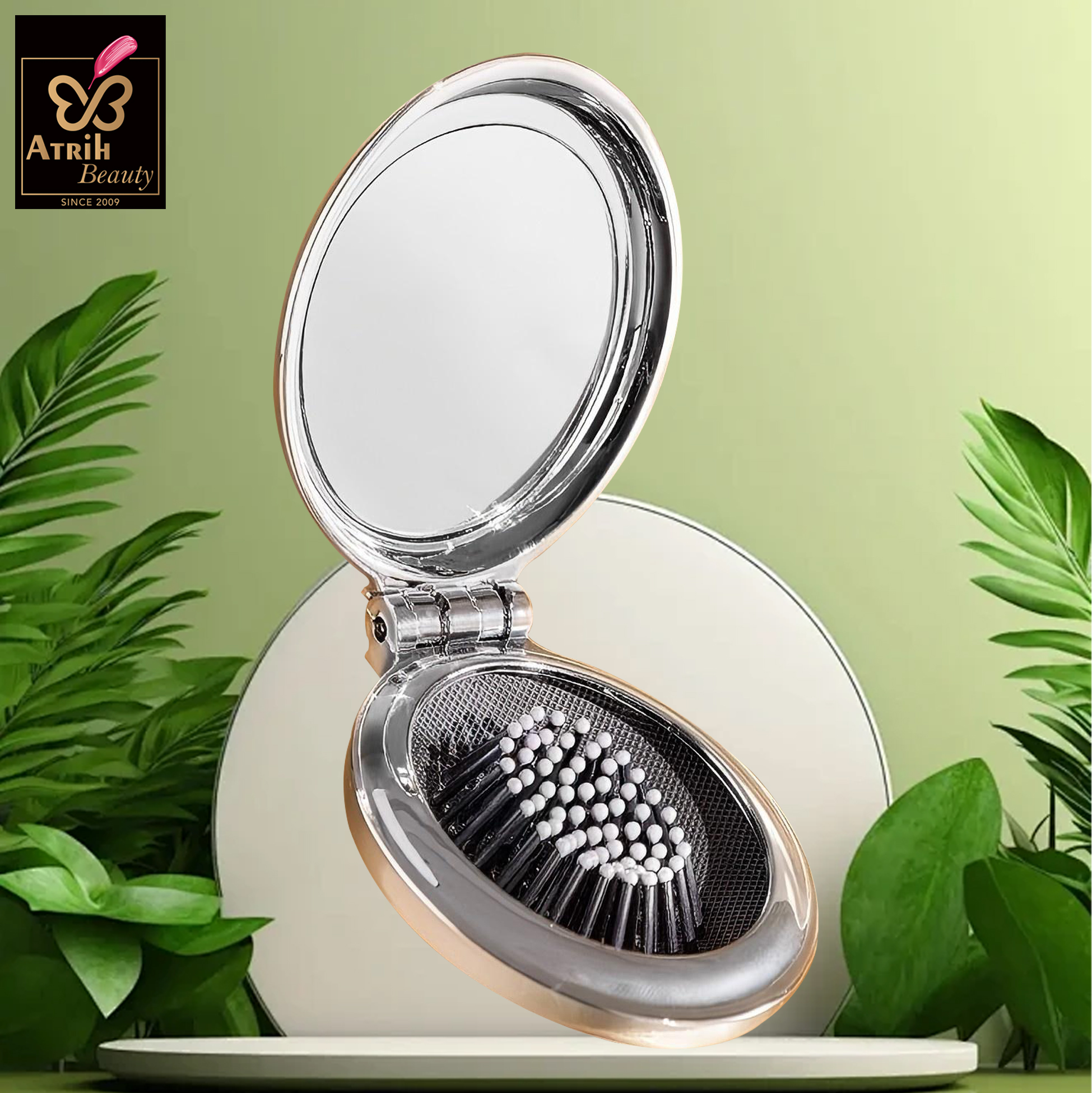 Oval Compact Mirror with Integrated Brush
