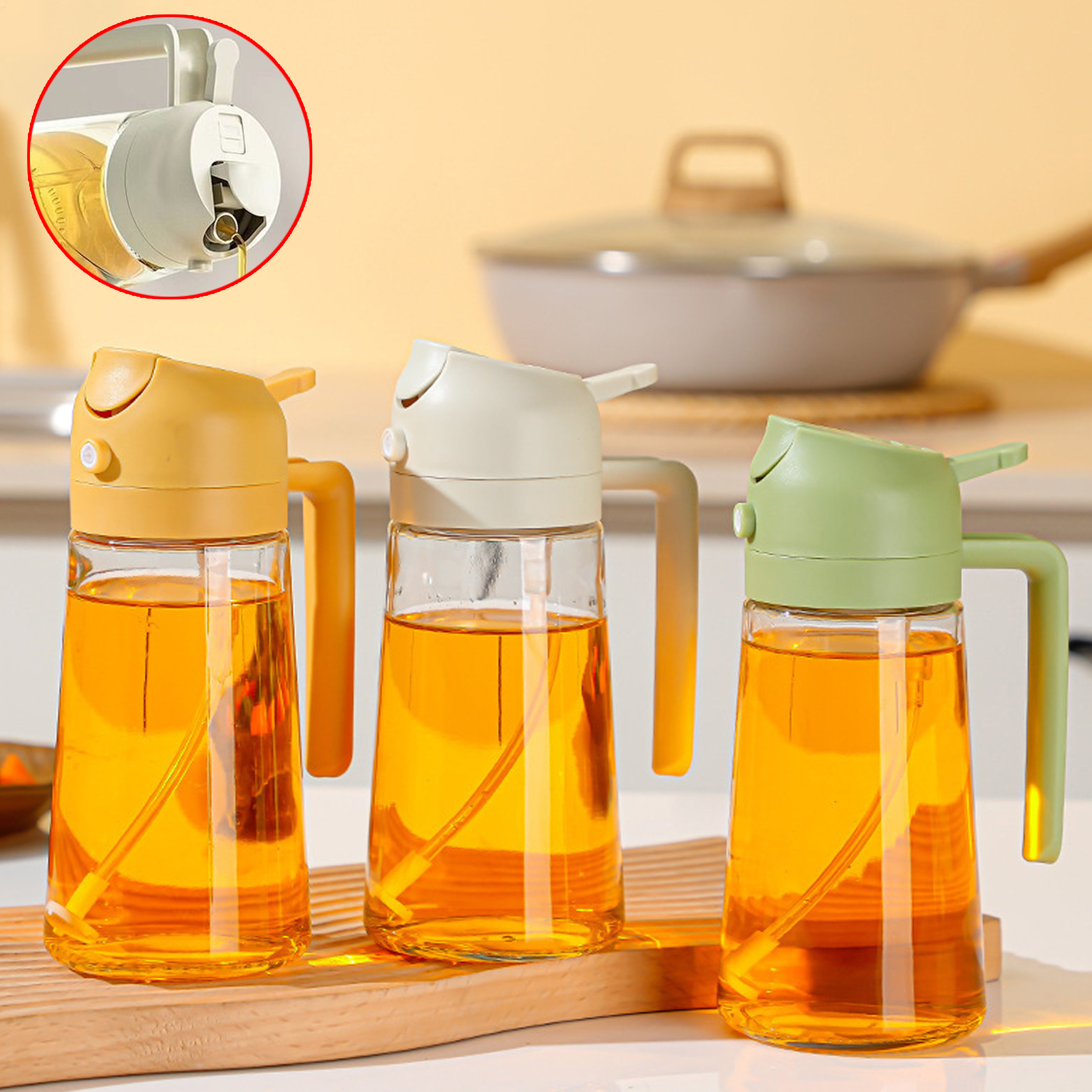 Glass Oil Dispenser Bottle with Green Plastic Lid And Spout