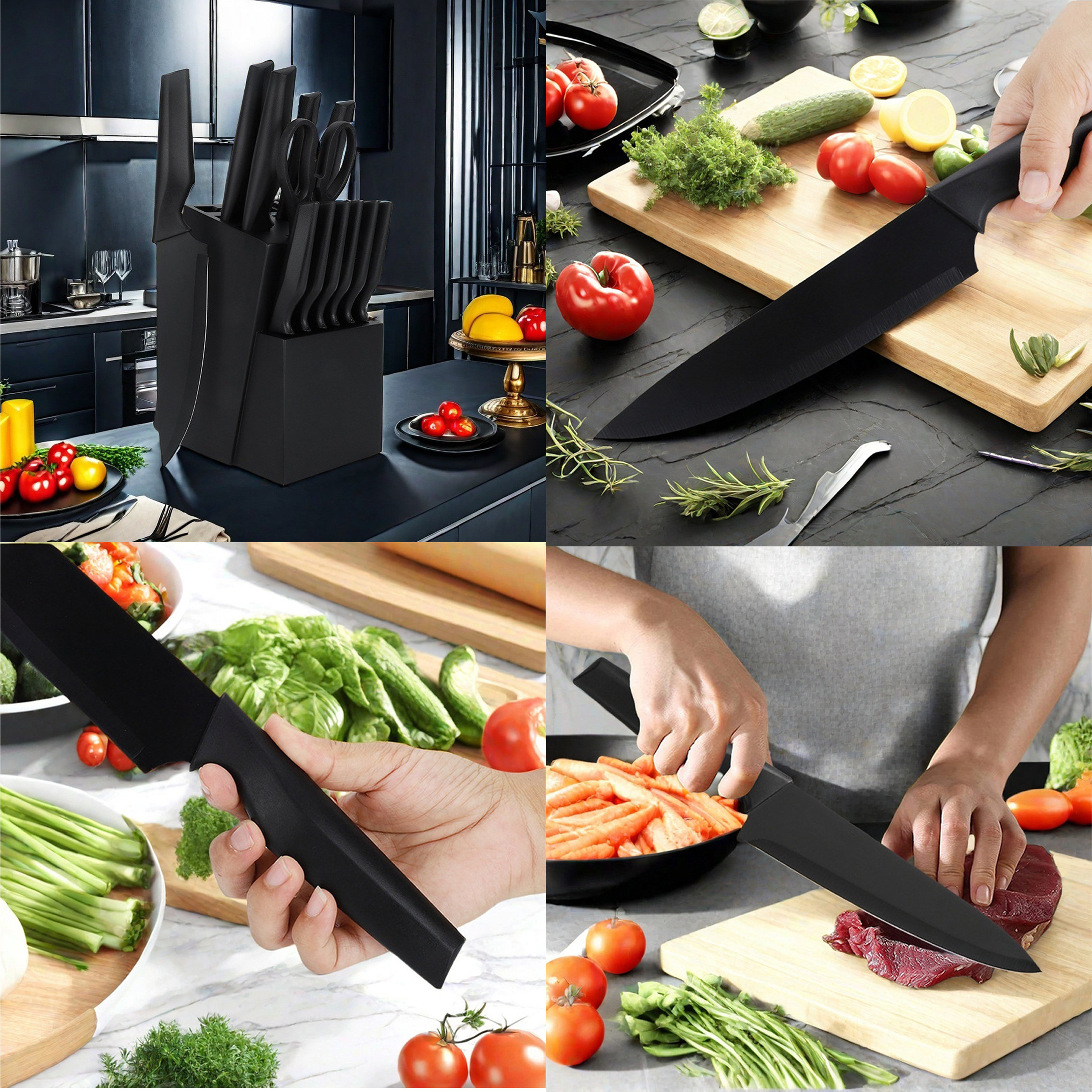17 - Piece Black Kitchen Knife Set with Block And Shears
