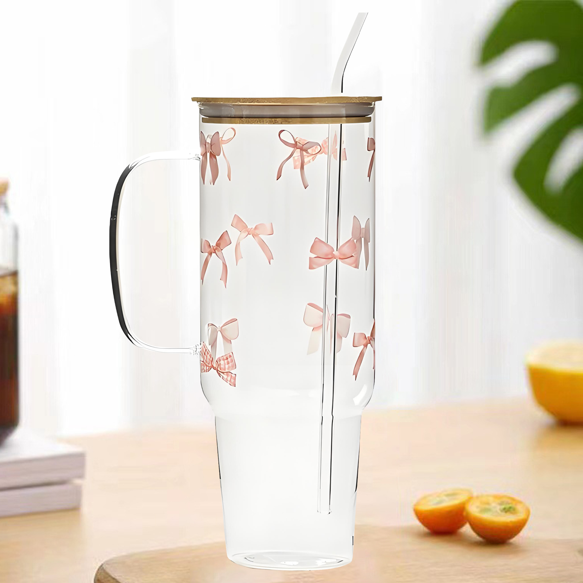 Bow - Patterned Glass Tumbler with Lid and Straw