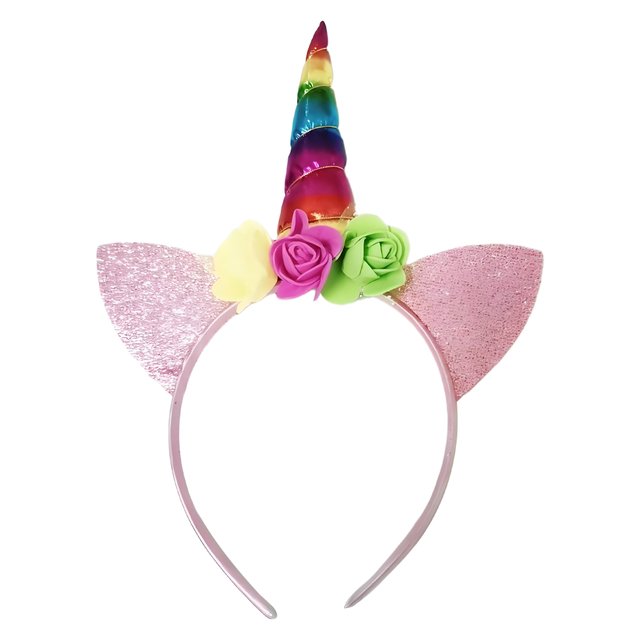 Rainbow Unicorn Headband with Glitter Ears and Flowers