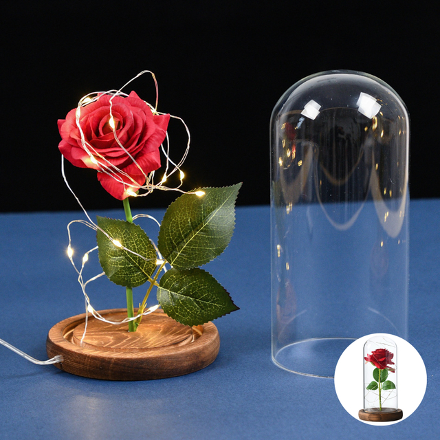Preserved Red Rose in Glass Dome with LED Lights