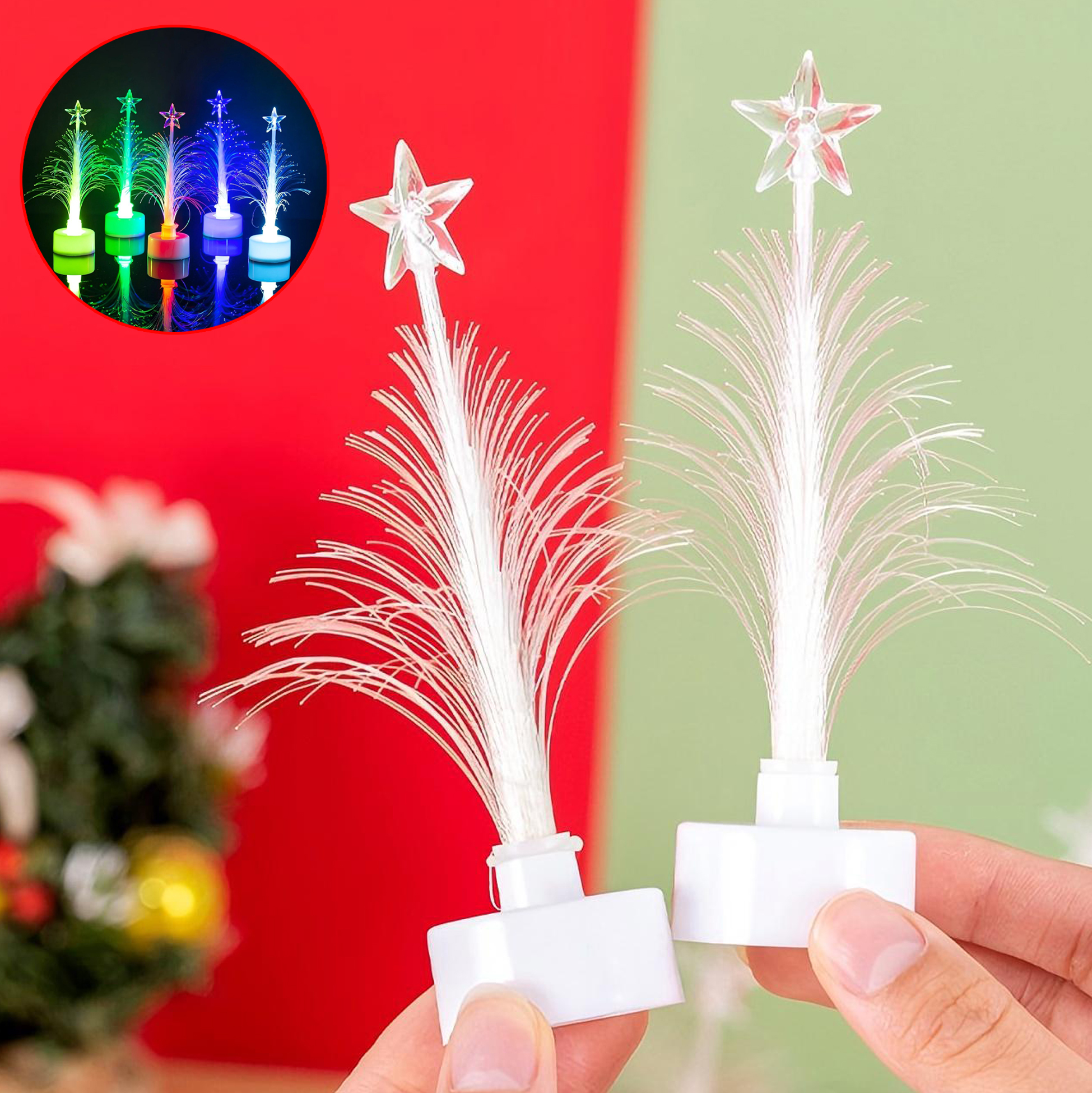 Mini LED Lit Fiber Optic Christmas Trees with Star Toppers