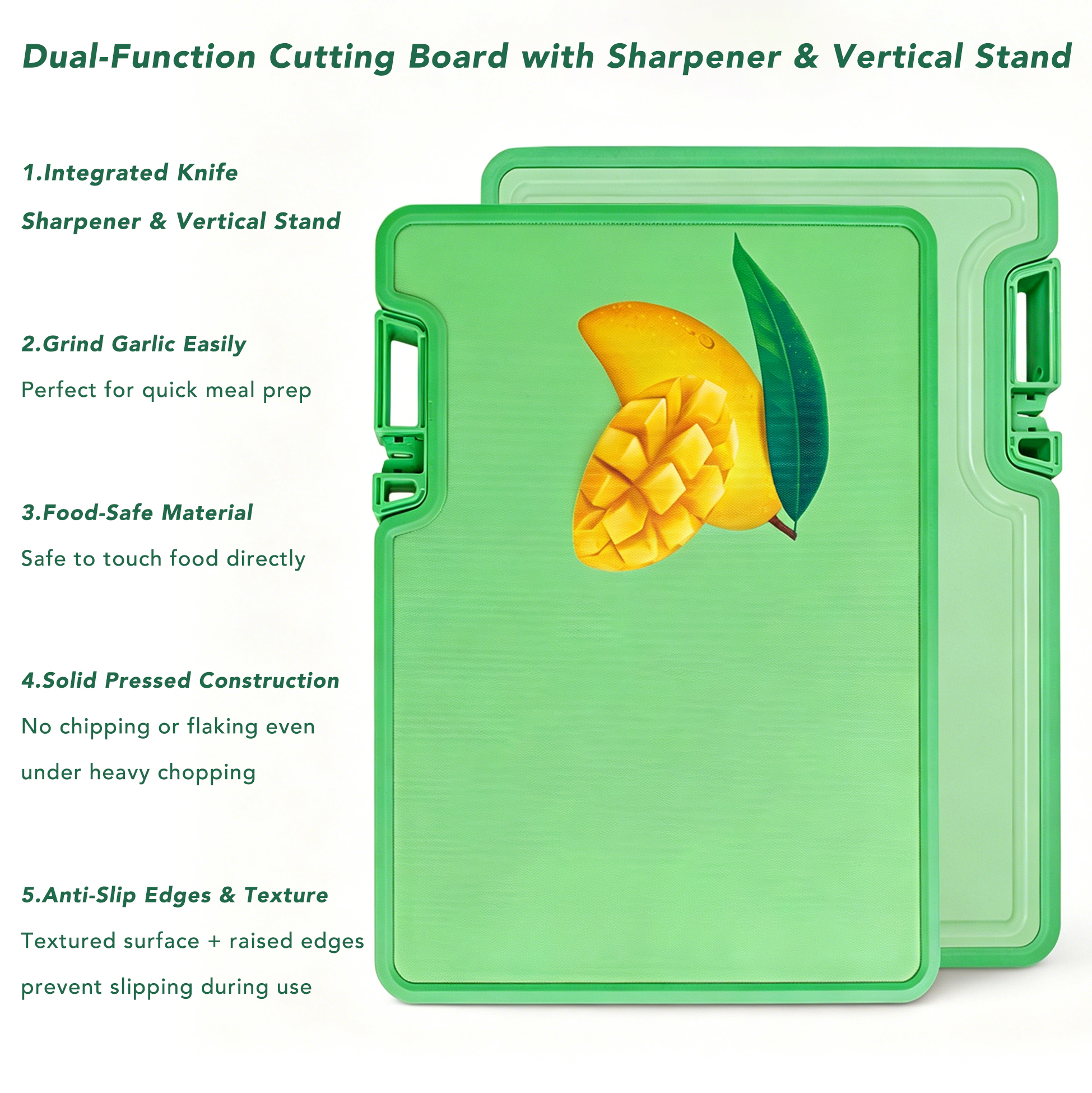 Dual-Sided Plastic Cutting Board with Built-in Knife Sharpener & Garlic Grinder