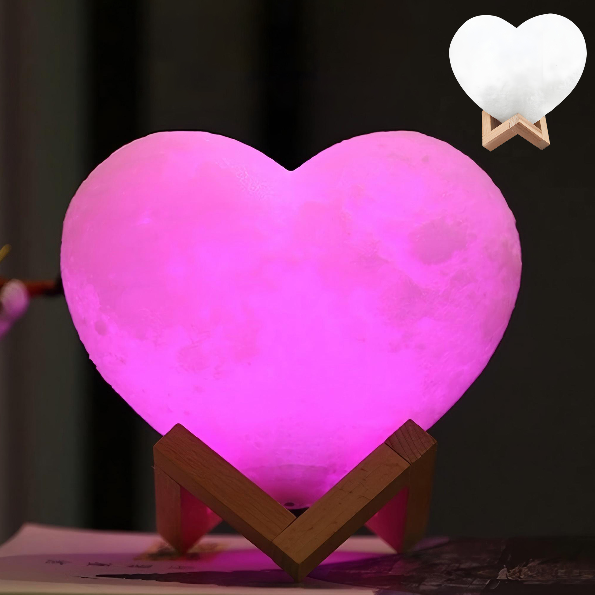 Heart Shaped 3D Moon Night Light with Wooden Stand