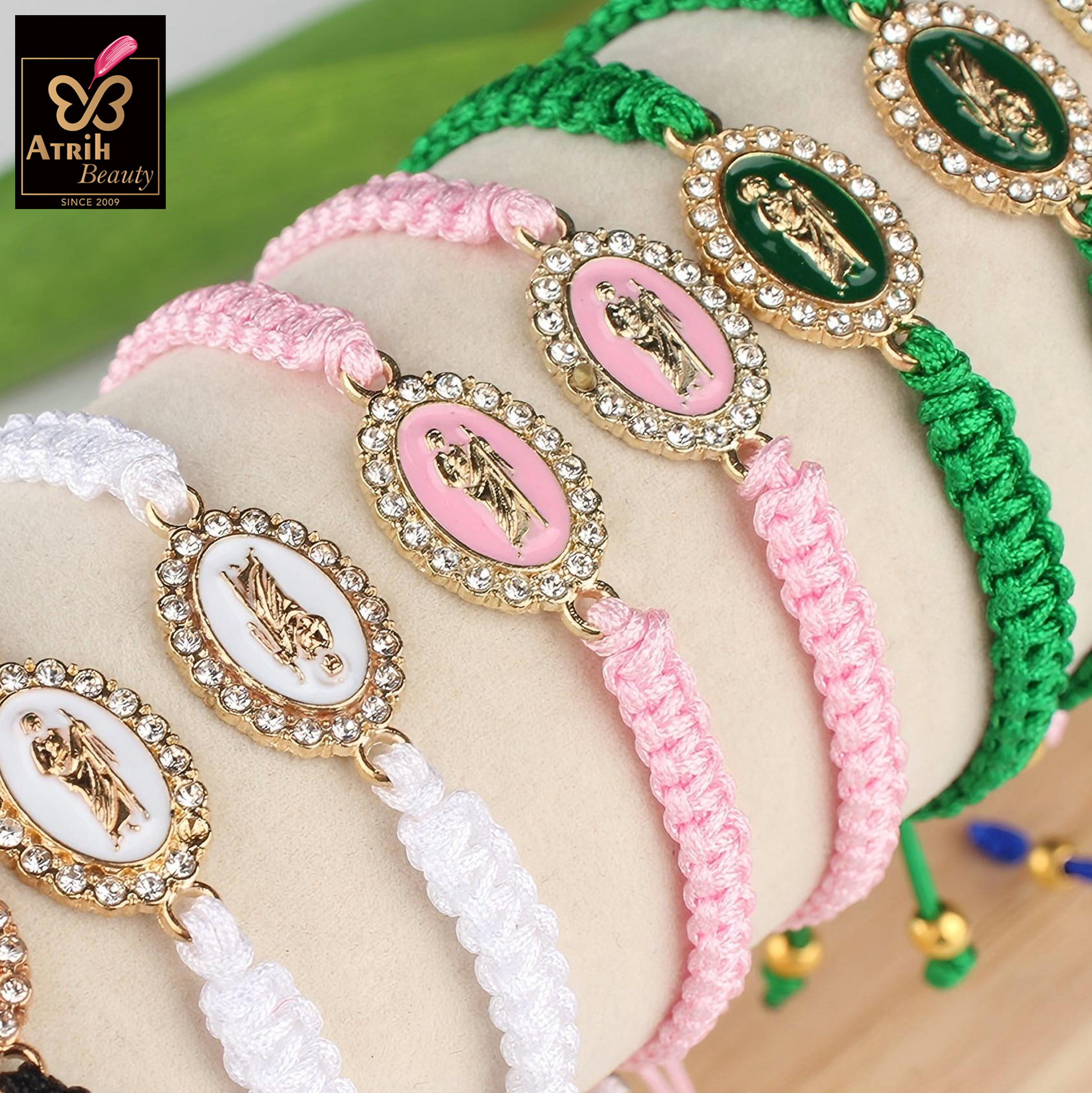 Adjustable Religious Charm Bracelet with Crystal Embellished Oval Medallion