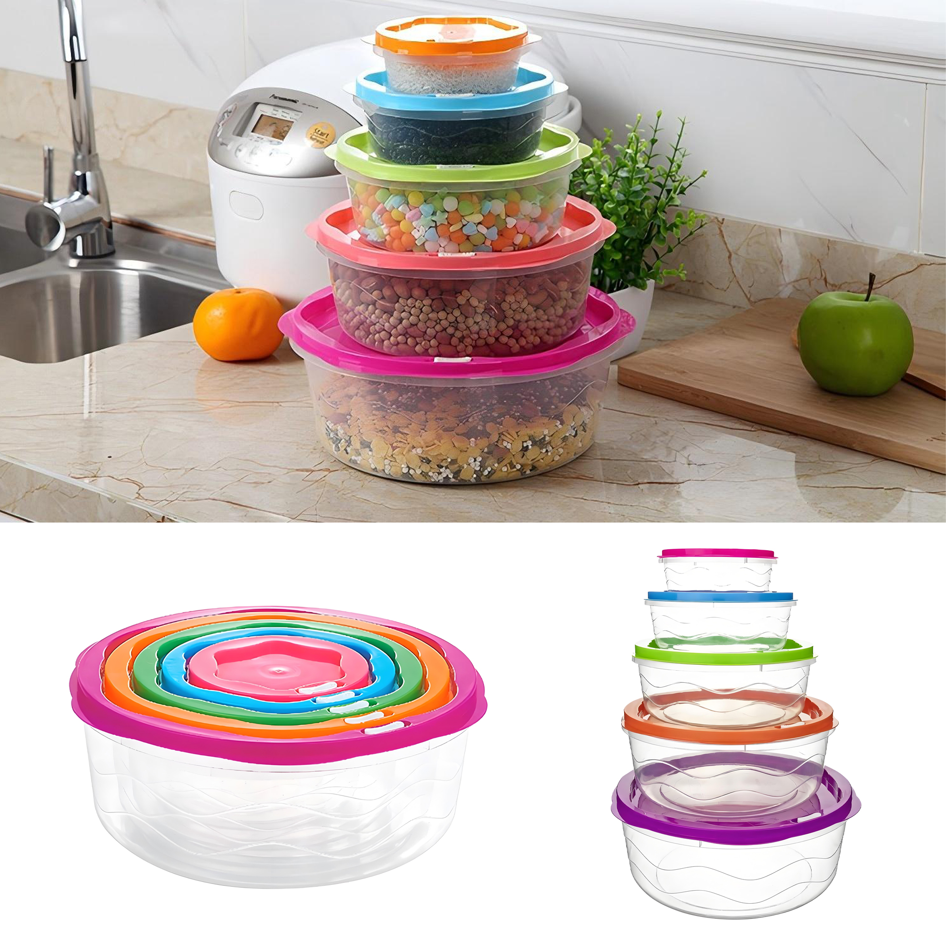 5 Piece Plastic Food Storage Bowl Set