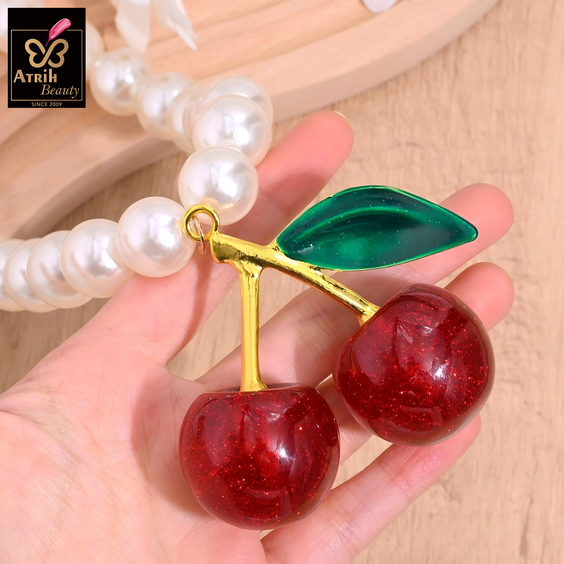Pearl Necklace with Cherry Pendant Vintage Inspired Jewelry