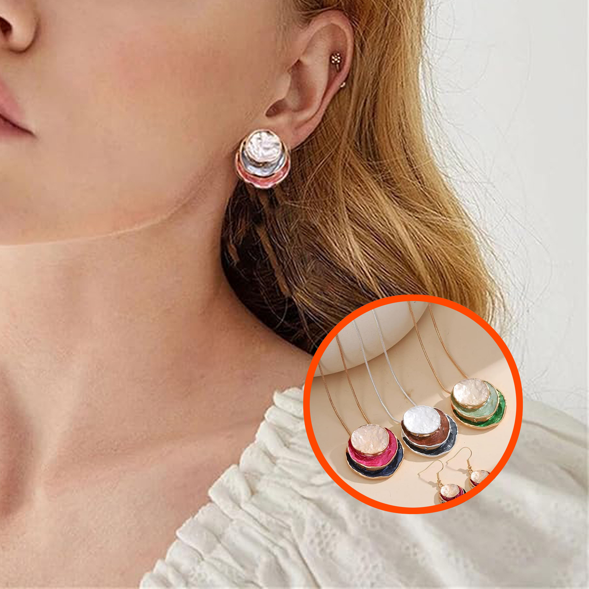 Enamel&White Stone Jewelry Set - Necklace & Earrings