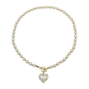 Gold Tone Heart-Shaped Pearl Necklace