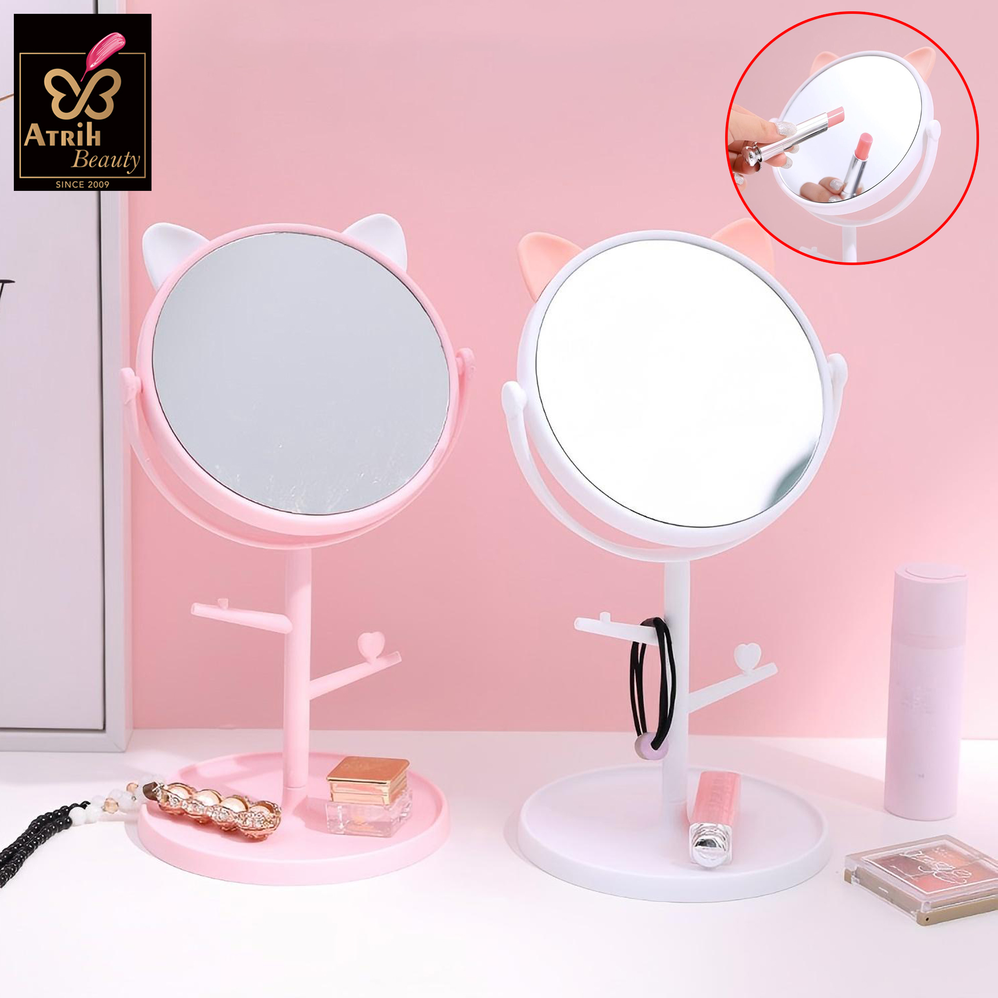 Pink Cat Inspired Desktop Makeup Mirror with Storage Hooks