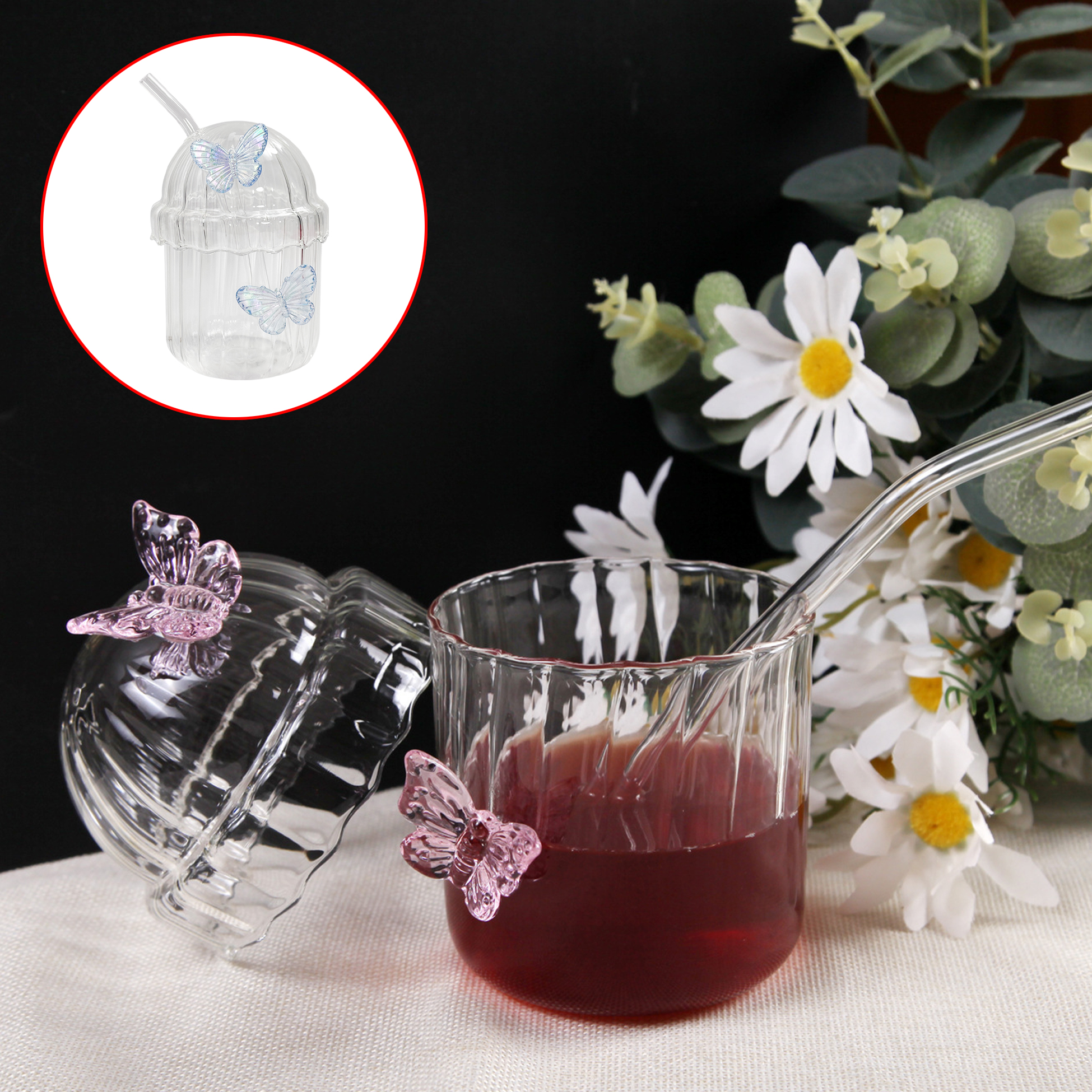 Butterfly - Decorated Glass Straw Cup