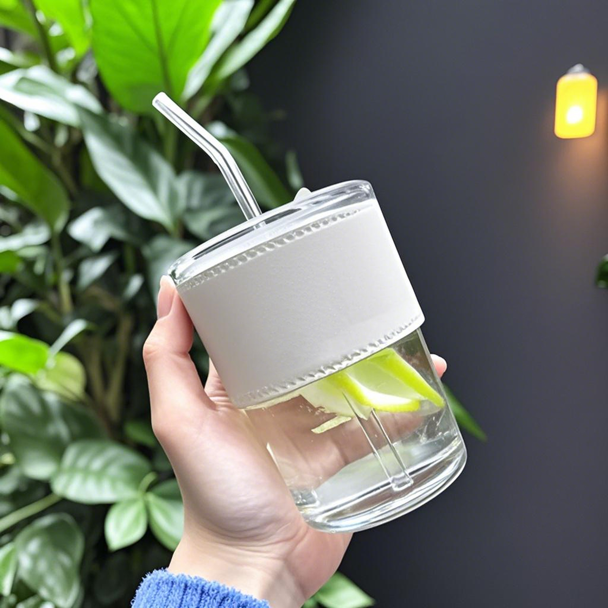 400ML Glass Tumbler with Leather Sleeve and Straw