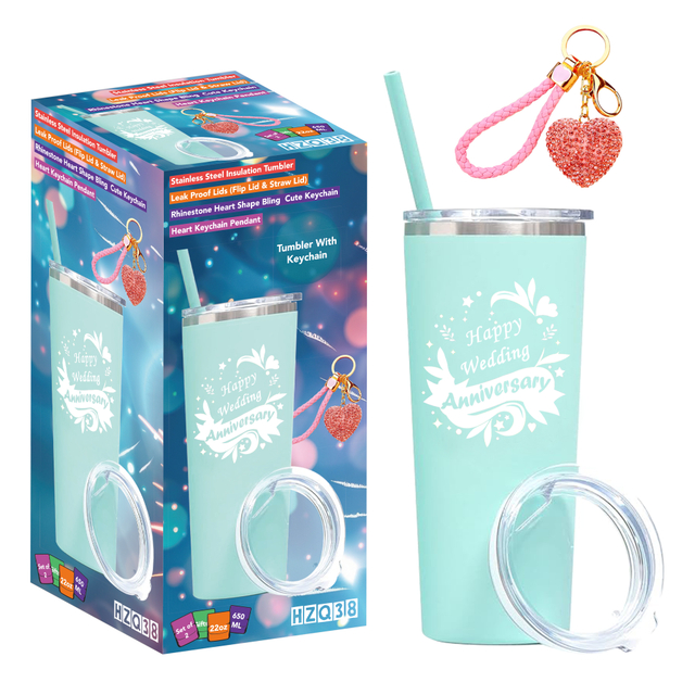 Mint Green Stainless Steel Tumbler Set with Rhinestone Keychain