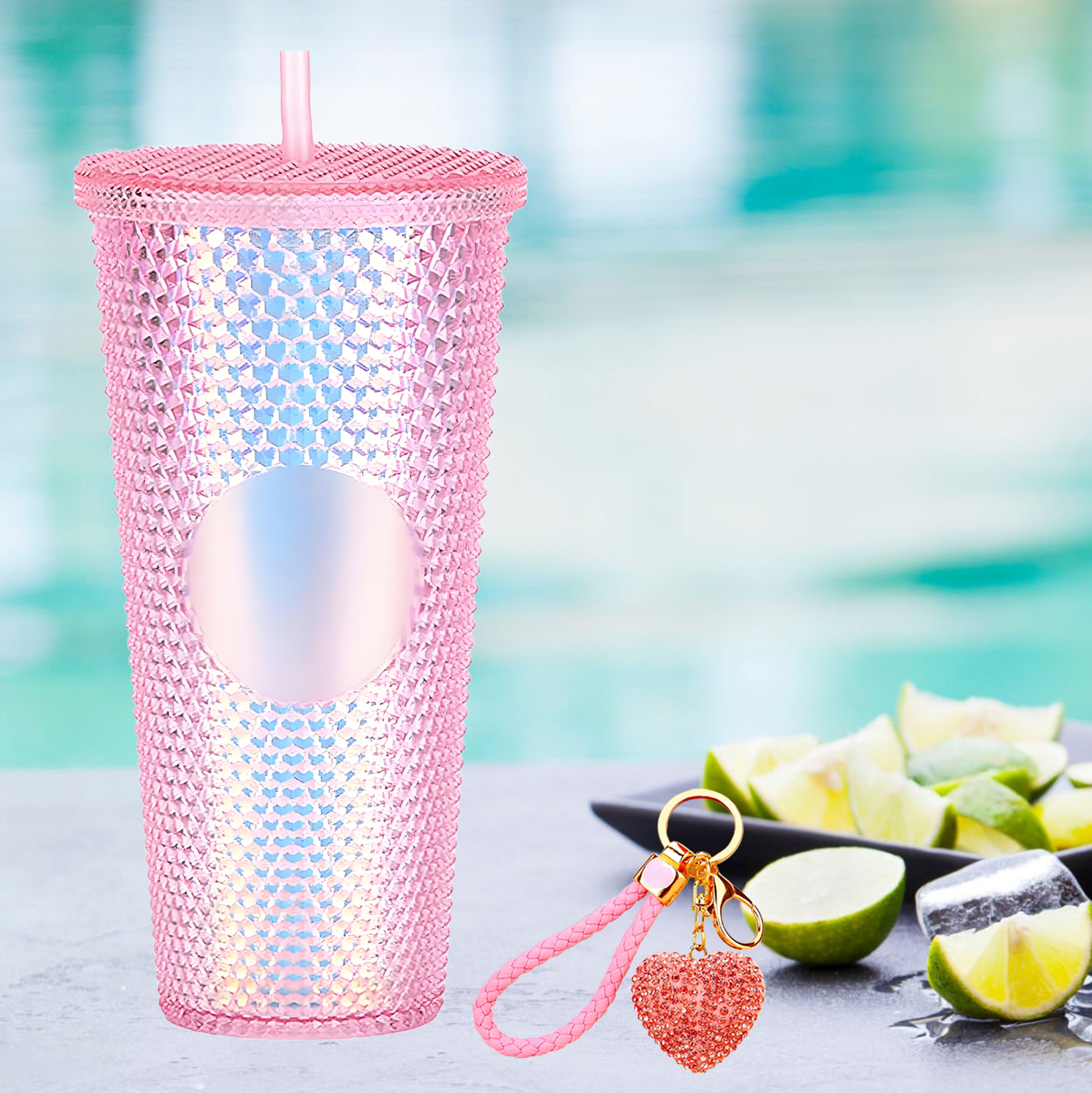 Rhinestone Studded Pink Tumbler Set with Heart Keychain