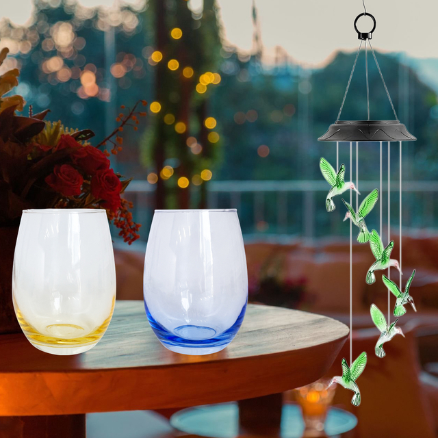Hummingbird Wind Chime & Color Tinted Wine Glass Set
