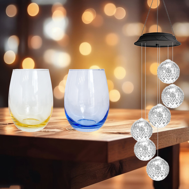 Romantic Globe Wind Chime & Color Tinted Wine Glass Set