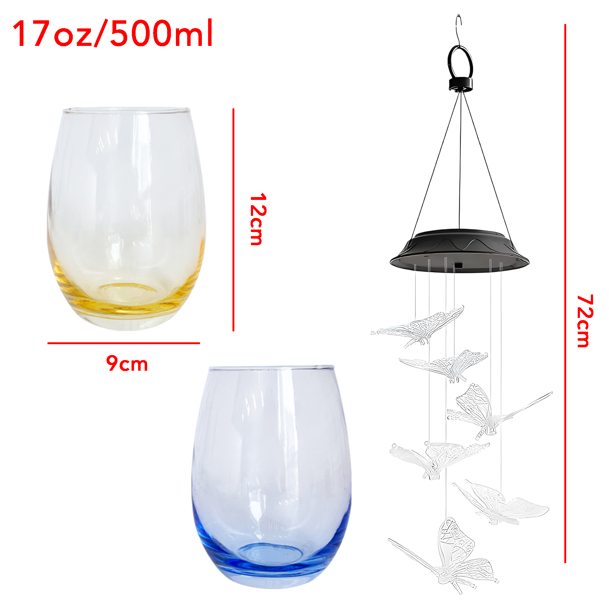 Butterfly Wind Chime & Color Tinted Wine Glass Set