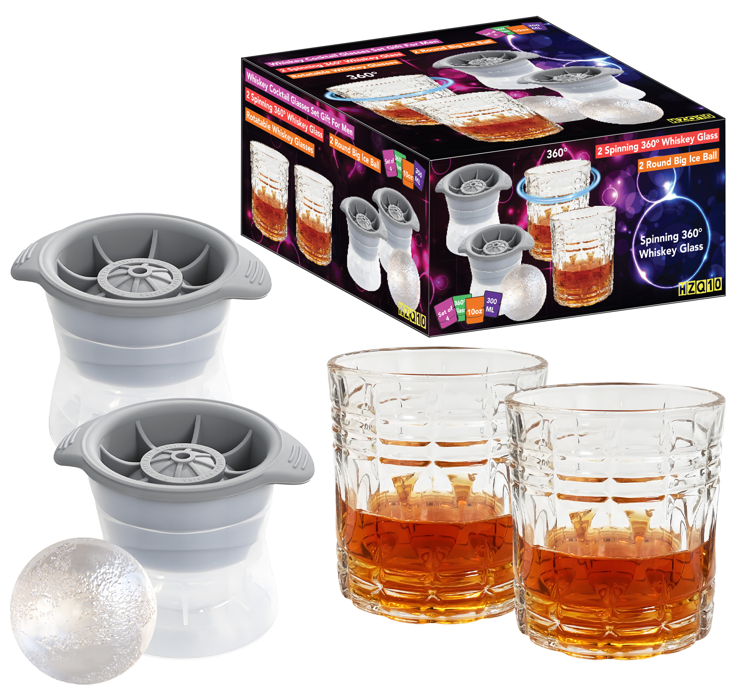 2 Spherical Ice Molds + 2 Whiskey Glasses