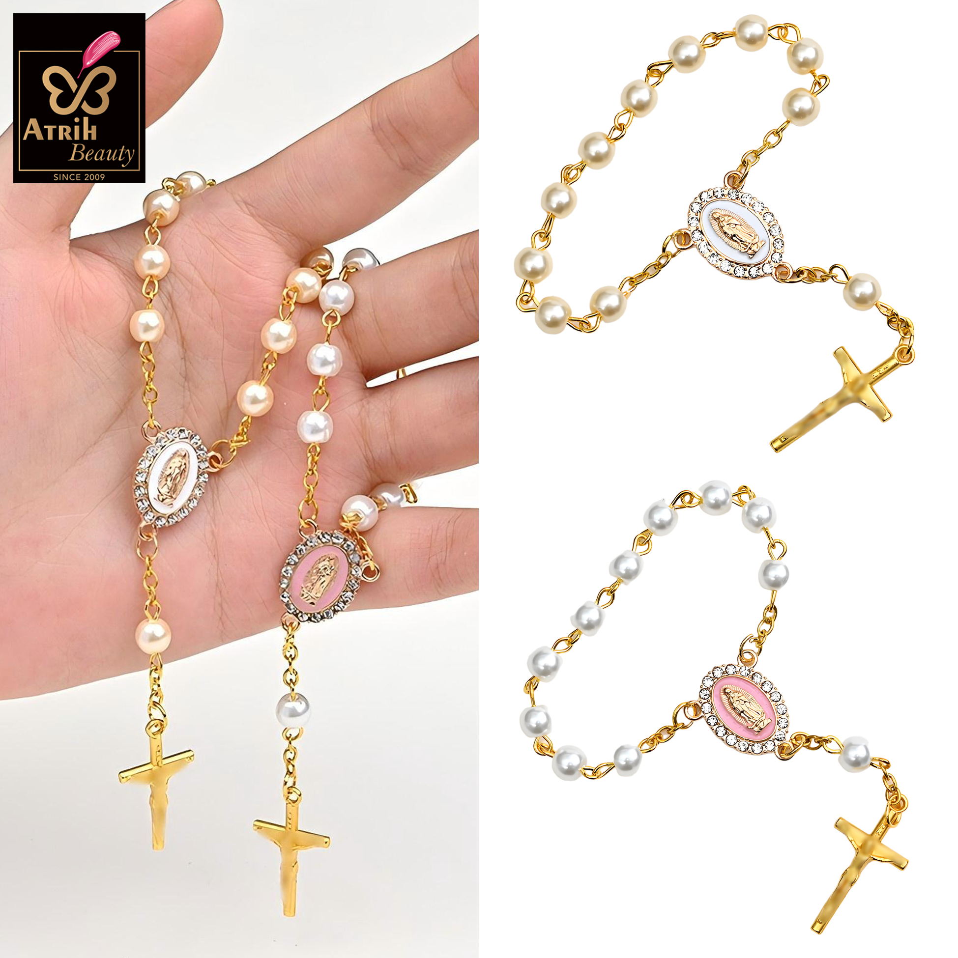 Pearl Beaded Rosary Bracelet with Gold Plated Cross And Saint Medallion