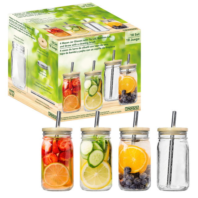 Set of 4 Mason Jar Style Glass SUS Straw with Bamboo & Tin Lids