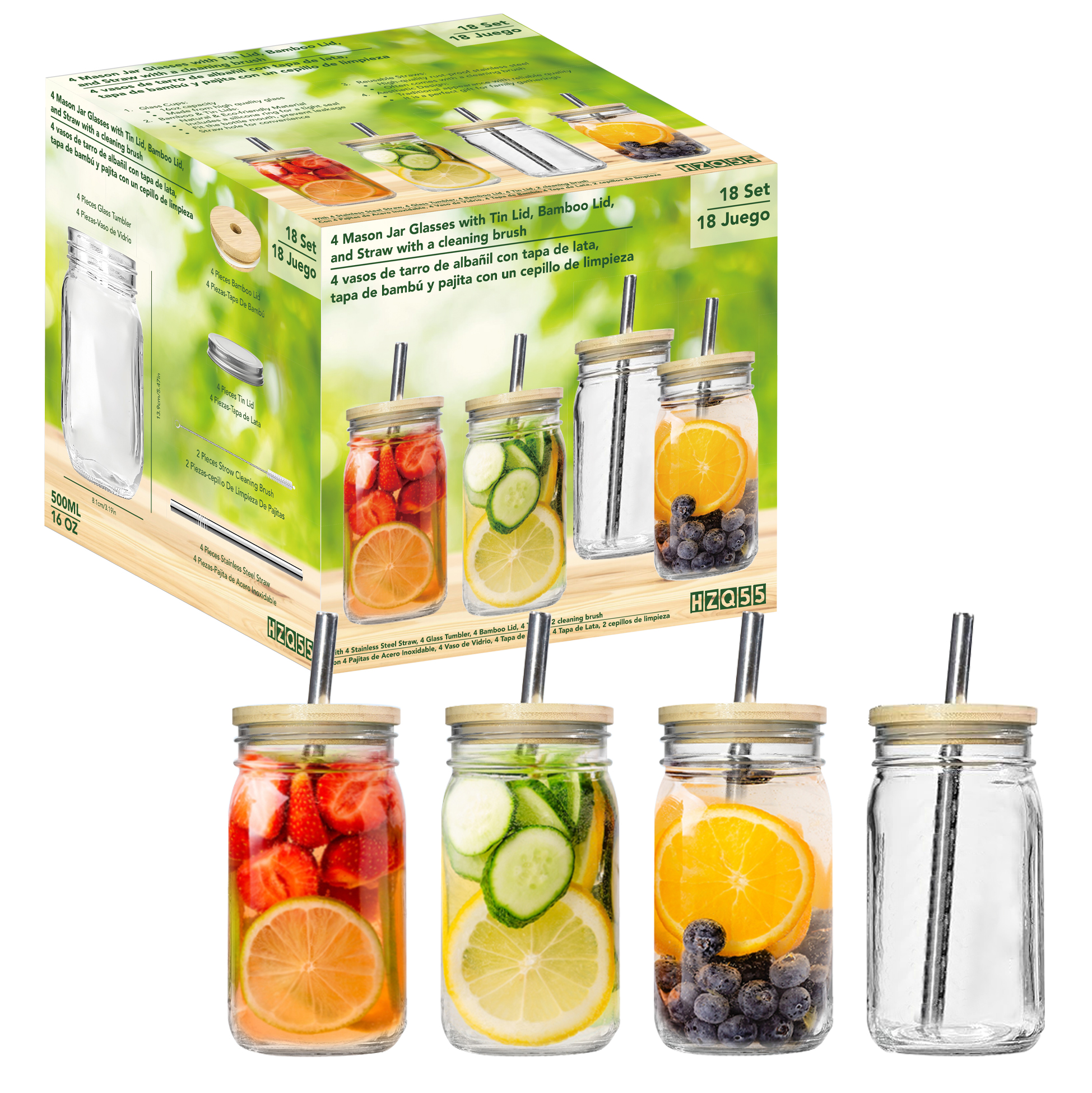 Set of 4 Mason Jar Style Glass SUS Straw with Bamboo & Tin Lids
