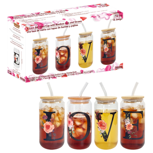 "LOVE" Floral Glass Tumbler Set with Bamboo Lids & Straws