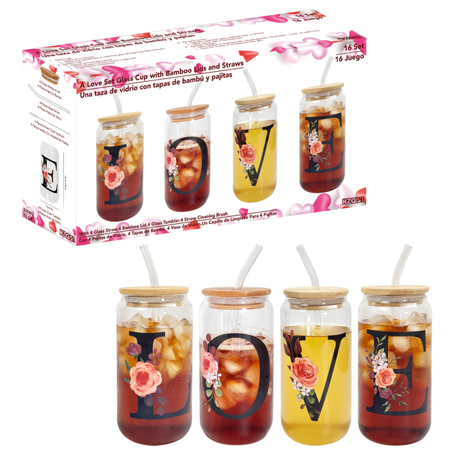 "LOVE" Floral Glass Tumbler Set with Bamboo Lids & Straws