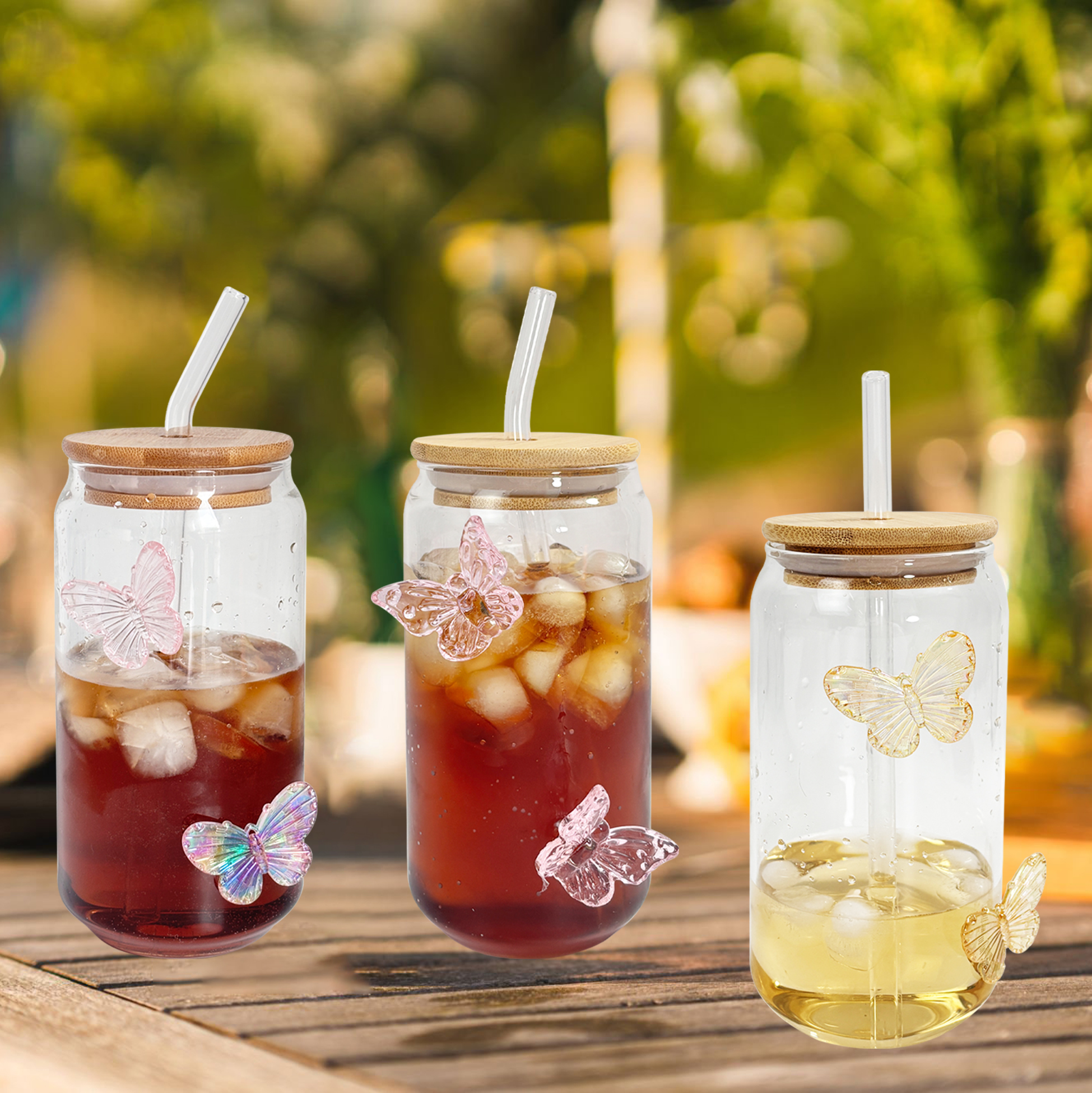 Butterfly Decor Glass Tumbler Set with Bamboo Lids & Straws