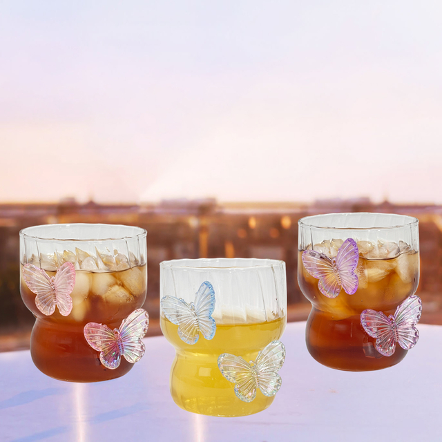 Butterfly Decorated Ribbed Glass Tumbler Set