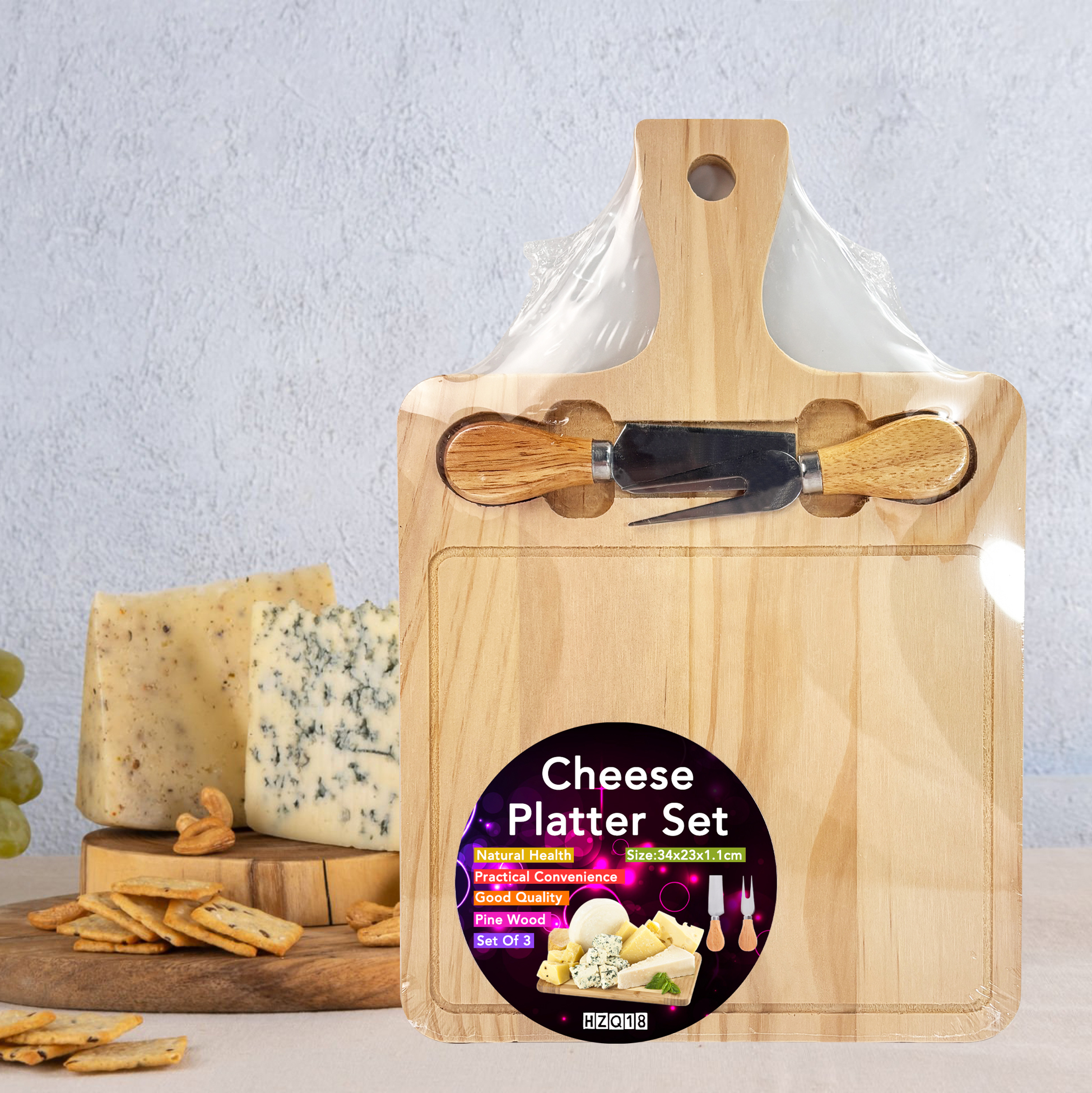 Natural Pine Wood Cheese Platter Set with Tools