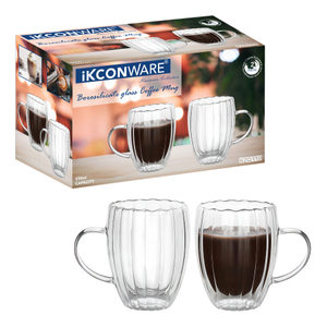 230ml/350ml Double Walled Ribbed Glass Mug with Handle