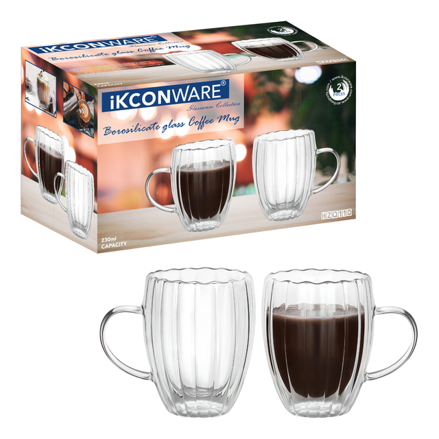 230ml/350ml Double Walled Ribbed Glass Mug with Handle