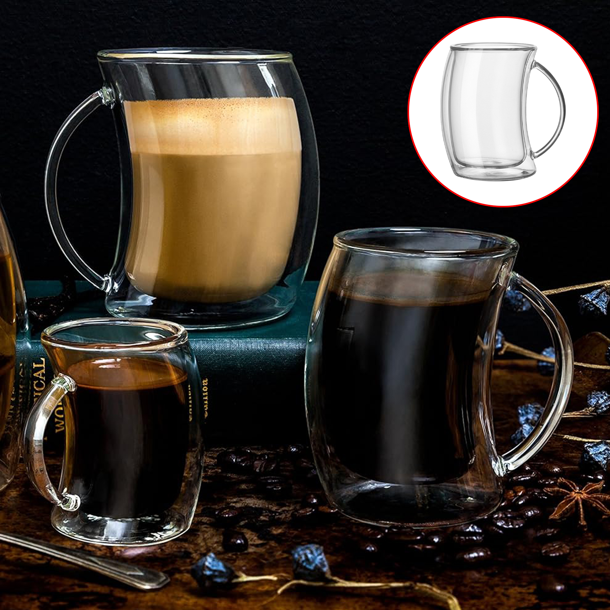 300ml/400ml Double Walled Glass Mug with Handle